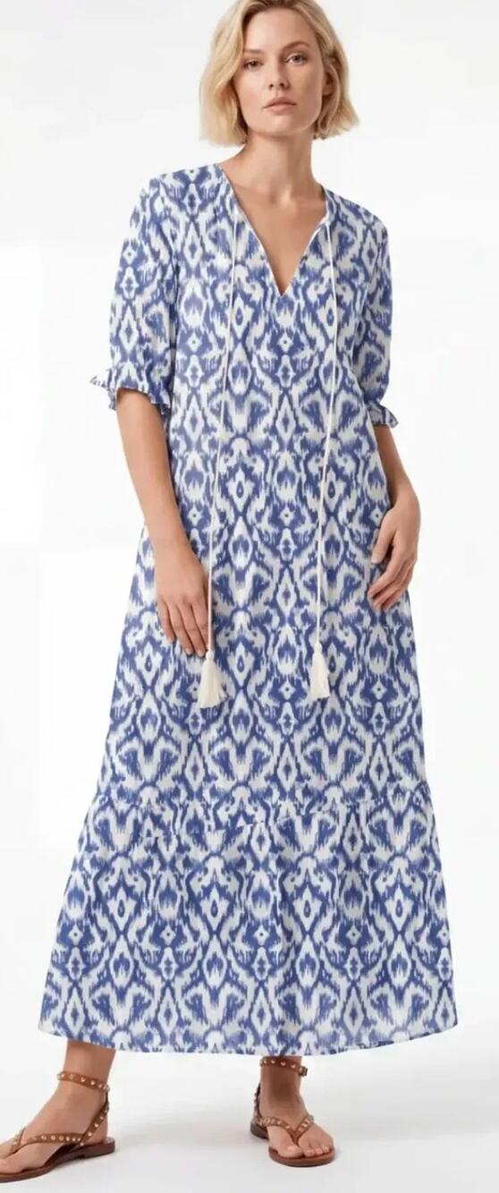 Boho Blue Ikat V-Neck Tassel Tie Beachy Maxi Dress size Small
